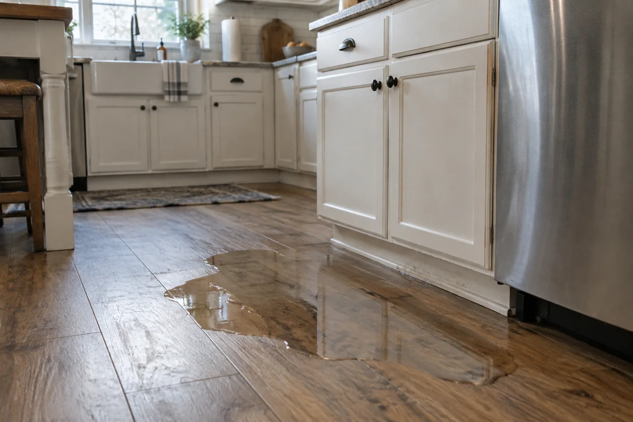 Shallow water beside kitchen cabinets and oak-look flooring
